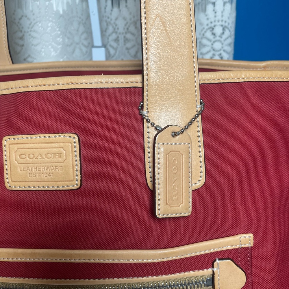 Coach Hamptons Red Canvas Vacchetta Tan Leather Trim/ Tote or Baby Tote - Picture 5 of 17